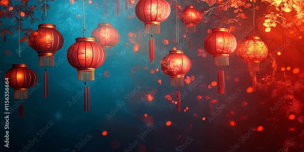 Poster a blue background with red lanterns hanging from the ceiling. the lanterns are hanging in a row and 
