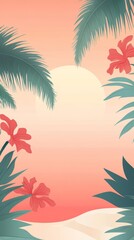 Obraz premium A beautiful scene of a beach with palm trees and red flowers. The flowers are in the foreground and the palm trees