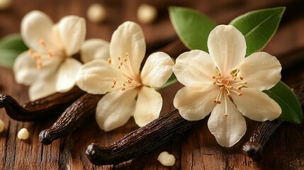 Naklejka premium Vanilla Plant: Beautiful Flower, Pods, and Lush Leaves