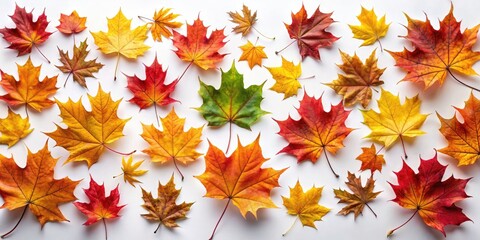 Autumn Maple Leaves Panoramic Flat Lay, White Background, Fall Foliage Photography, Copy Space