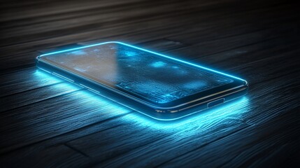 Glowing smartphone on dark wood.