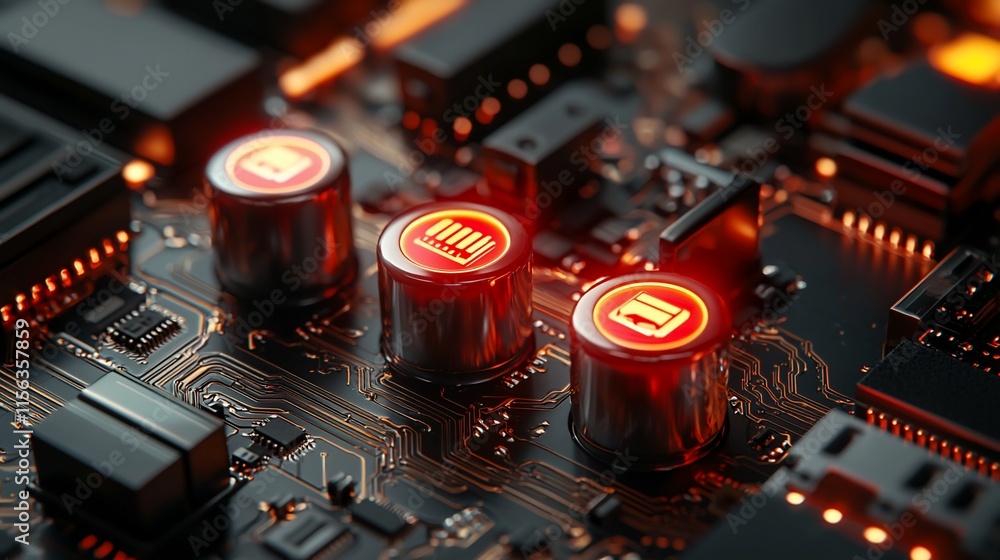 Poster Illuminated circuit board components with data icons.