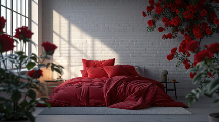 Luxury Bedroom Interior with Red Duvet and Pillows, Red Roses Adorning the Space on White Brick Wall for Valentine's Interior