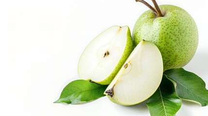 Green Asian Pears Sliced Leaves White Background Fresh Juicy