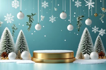 Christmas Scene with Snow-Covered Christmas Trees and a Golden Podium