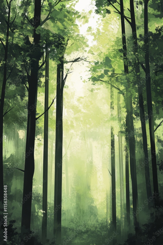 Poster a painting of a forest with trees and a path. the trees are green and the path is visible