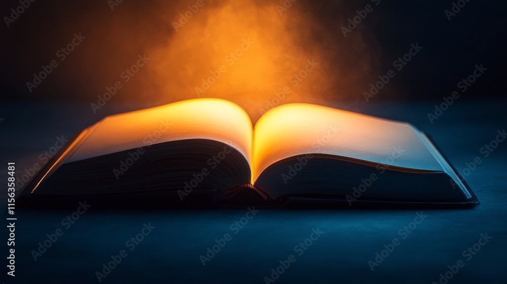 Poster a book is open to a page with a yellow light shining on it. the light is creating a warm and invitin