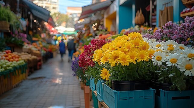 Colorful flowers for sale in a bustling market