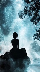 Obraz premium Silhouette Woman Starry Night