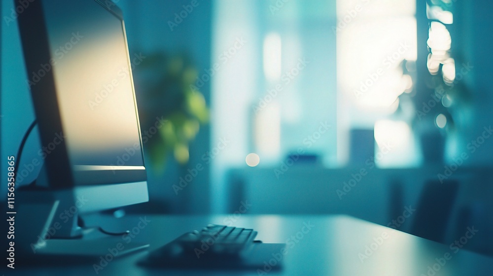 Poster blurred office scene in morning light with computer and keyboard