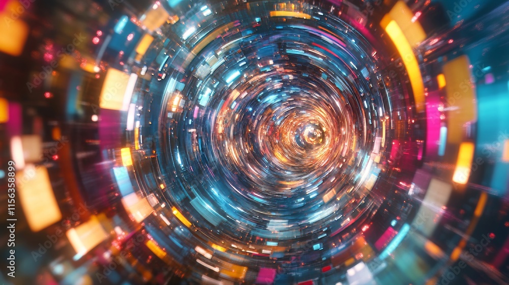 Poster a dynamic abstract image of a colorful light tunnel with motion blur, evoking a sense of speed and f