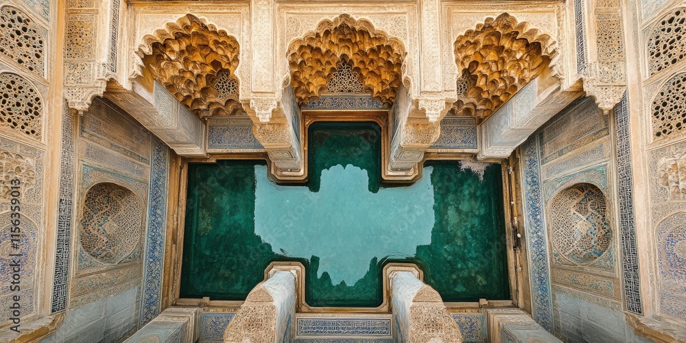 Aufkleber a large pool is in the middle of a mosque with arched windows. the pool is surrounded by a stone wal