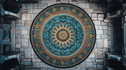 Fototapeta premium A blue and yellow rug with a flower design. The rug is on a stone floor