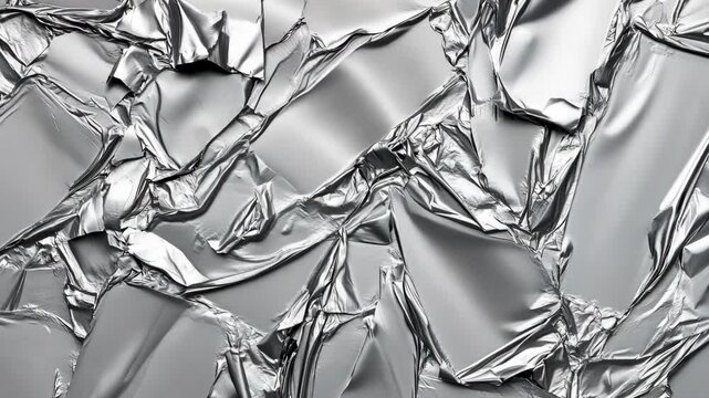 Shiny metal foil texture showing intricate folds and creases from crumpling in bright light