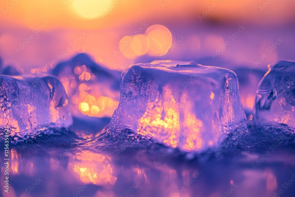 Poster a close up of ice cubes with a pink and purple background. the ice cubes are illuminated by the sun,