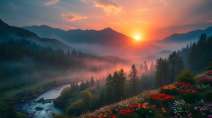 Fototapeta premium Spring Forest Mountain River in Sunrise