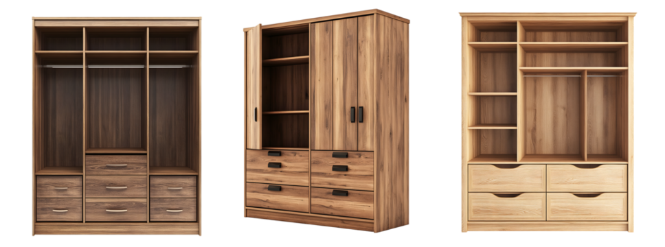 Modern wooden wardrobe with shelves and drawers isolated on transparent background, cut out