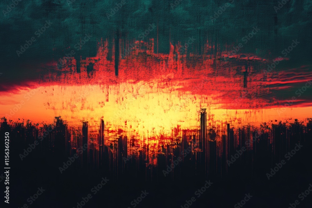 Aufkleber a striking digital artwork depicting a vivid sunset with bold colors and abstract brushstroke effect
