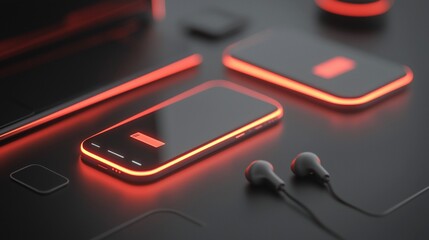 Red-lit smartphone with earbuds and laptop on dark surface.