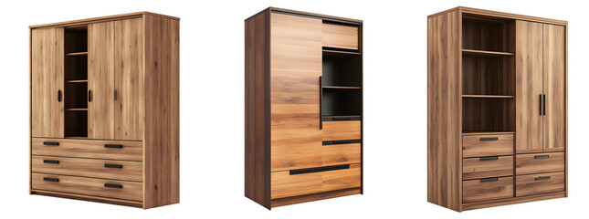 Modern wooden wardrobe with shelves and drawers isolated on transparent background, cut out