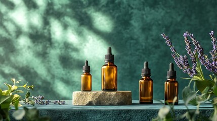 still life photography featuring three amber glass dropper bottles of varying heights, arranged on two stone blocks against a textured green background