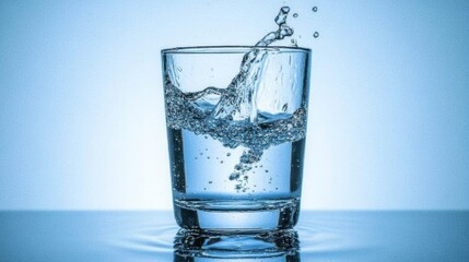 A glass of water with a splash of water on the side. The water is clear and the glass is half full