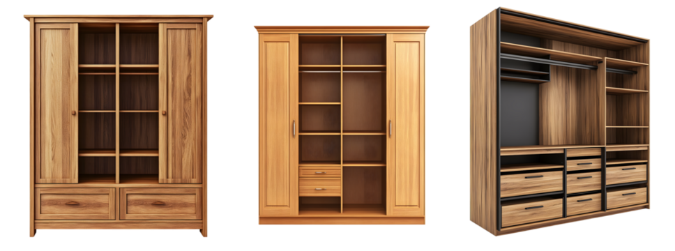 Modern wooden wardrobe with shelves and drawers isolated on transparent background, cut out