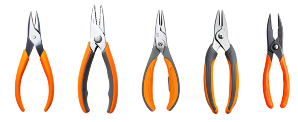 set of Orange hand pliers with black grips isolated on transparent background, cut out