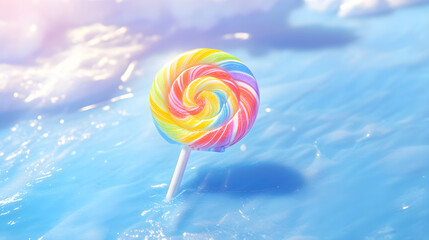 Colorful Lollipop on Tranquil Blue Background: A Sweet Visual Delight
