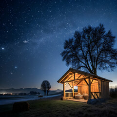 Naklejka premium wooden stable hut in dark blue stary night view