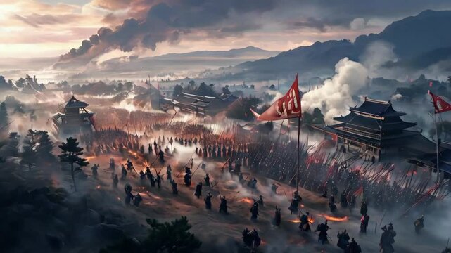 a battlefield during the Sengoku period, with samurai warriors clashing 