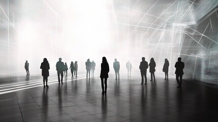 Silhouettes of Businesspeople with Abstract Light Overlay Background