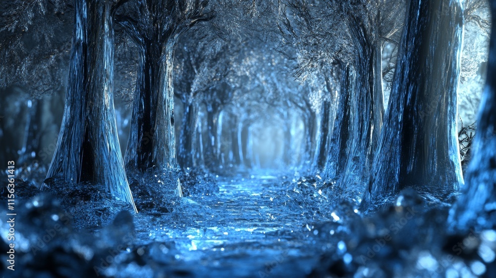 Poster a blue forest with a stream running through it. the water is sparkling and the trees are tall