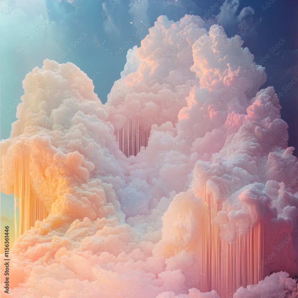 Poster fluffy pastel clouds illuminated by soft sunlight against a vibrant sky, creating a serene and ether
