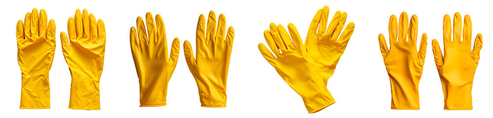 A pair of yellow rubber gloves isolated on transparent background, cut out