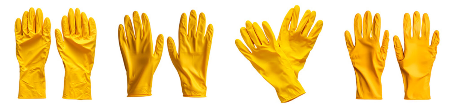 A pair of yellow rubber gloves isolated on transparent background, cut out