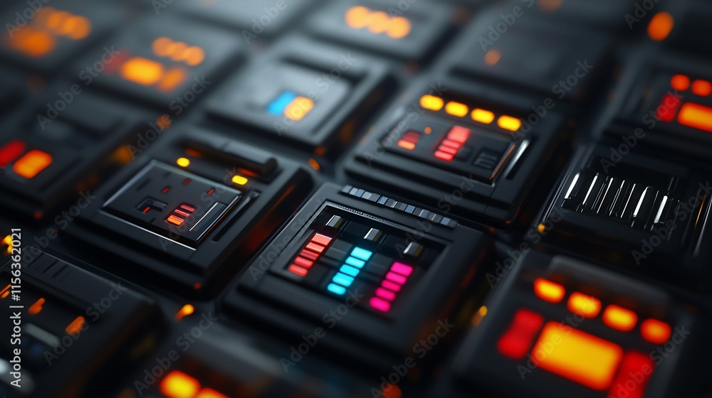 Poster abstract futuristic technology interface with glowing colorful elements.