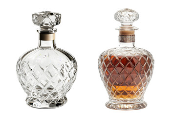 set of a whiskey bottle with a crystal glass and a diamond-cut top isolated on transparent background, cut out
