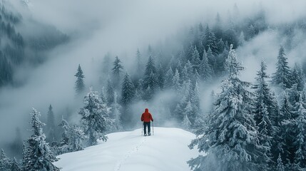 A lone figure in a red jacket stands amidst a snowy forest, surrounded by mist and tranquility.