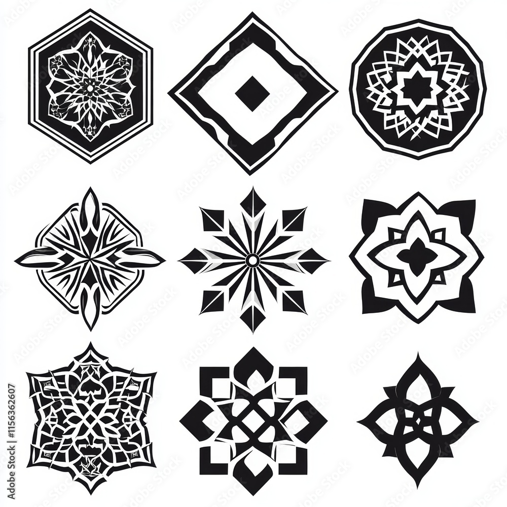 Poster a set of black and white geometric shapes. the shapes are all different sizes and are arranged in a 