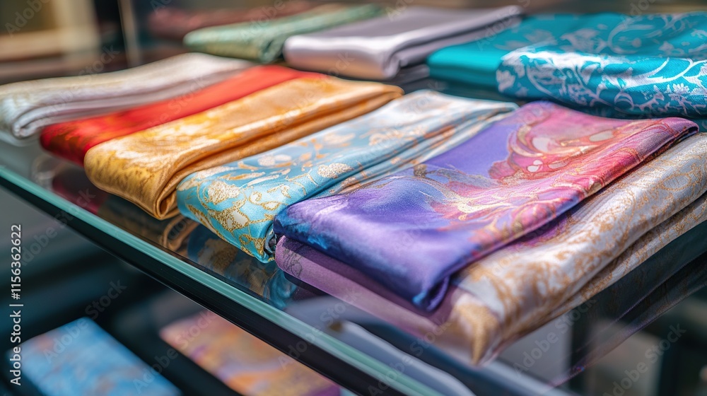 Poster a close-up of luxurious silk scarves in vibrant colors and intricate patterns folded neatly on a gla