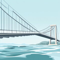 Obraz premium Suspension bridge over calm water with mountains in the background.