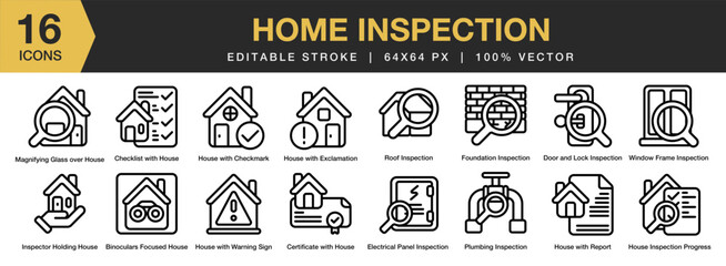 Home Inspection icon set. Editable Stroke Icon Collection. Includes home, inspection, building, construction, safety, and More. Outline icons vector collection.