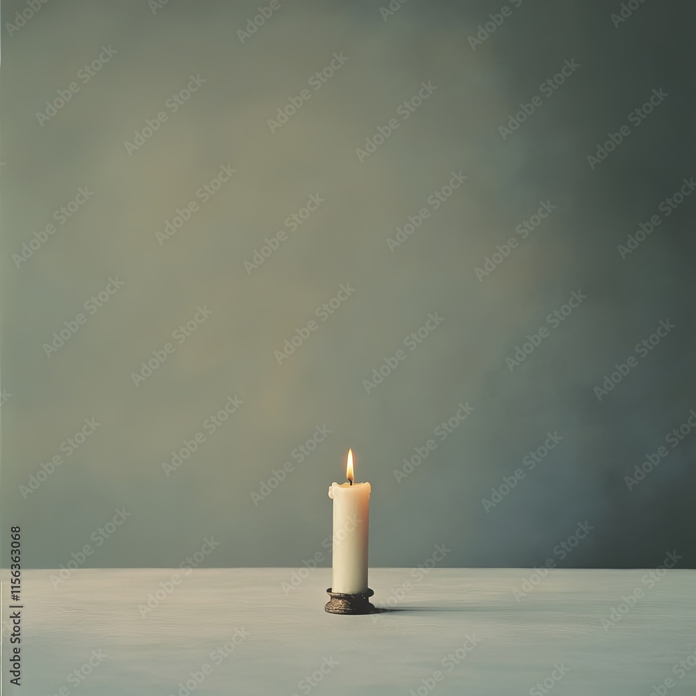 Poster a candle is lit on a table in front of a grey wall. the candle is the only object in the image, and 
