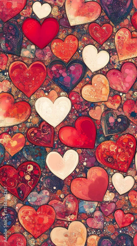 Poster a colorful image of many hearts. some are red and some are white. the hearts are scattered all over 