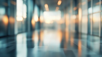 Fototapeta premium Blurred Modern Office Interior with Panoramic Windows and Soft Lighting