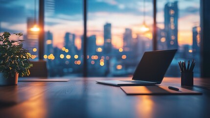 Blurred Evening Office Workspace with Panoramic Cityscape View