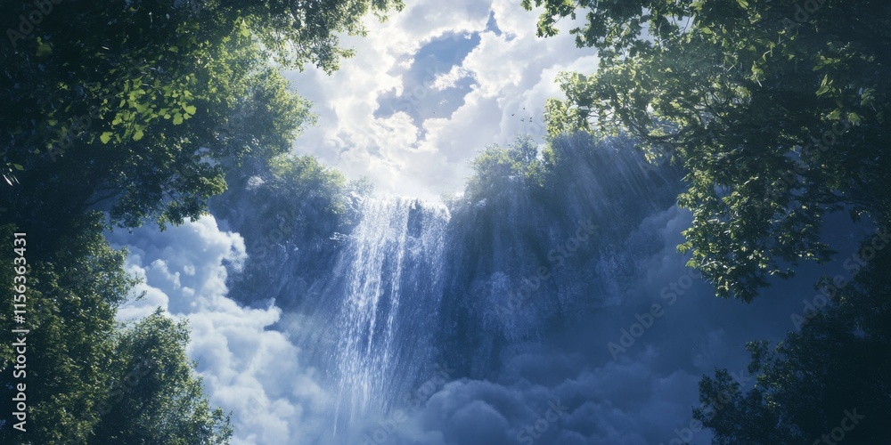 Poster a waterfall is shown in the sky with trees in the background. the waterfall is surrounded by trees a