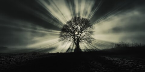 A solitary tree stands silhouetted against a backdrop of radiant light beams in a foggy, mystical landscape.