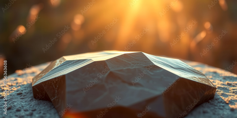 Poster a large rock sits on a sandy surface, with the sun shining on it. concept of solitude and tranquilit